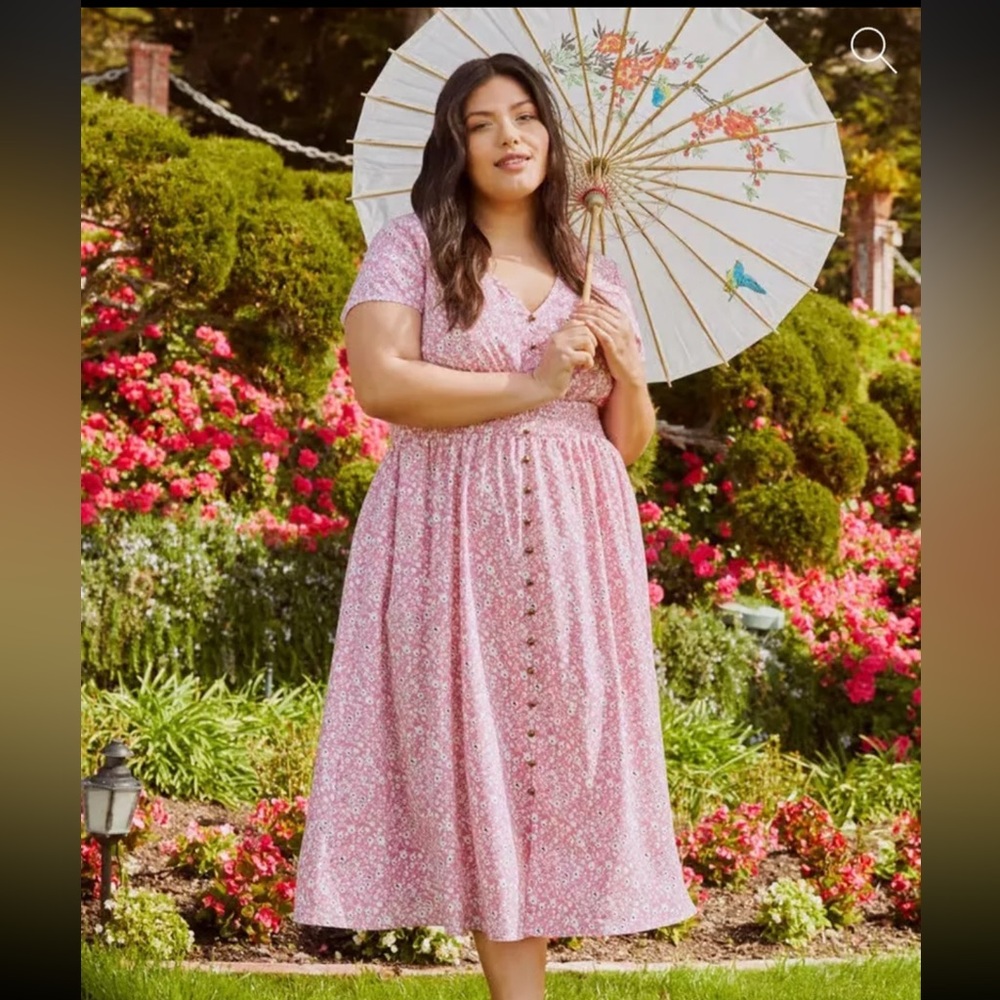 ModCloth EUC 2X Pink Floral Button-Front Midi Dress with pockets